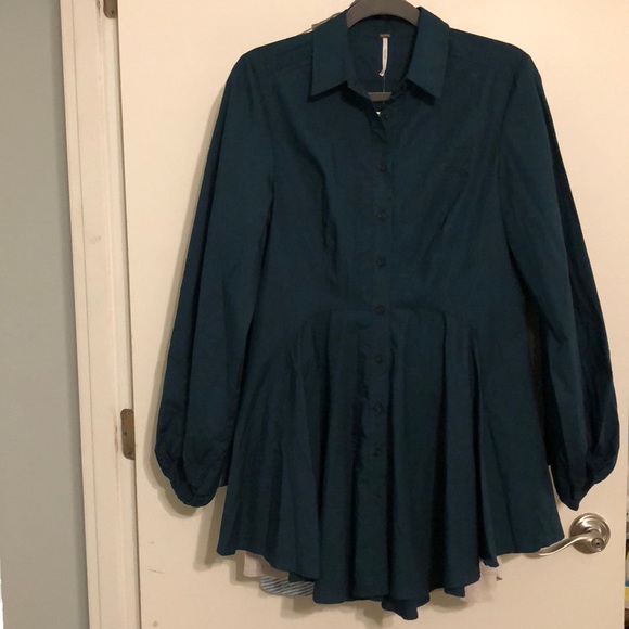 NWT. Free People Button Down. Sm. Dark Teal/Green - Picture 4 of 8